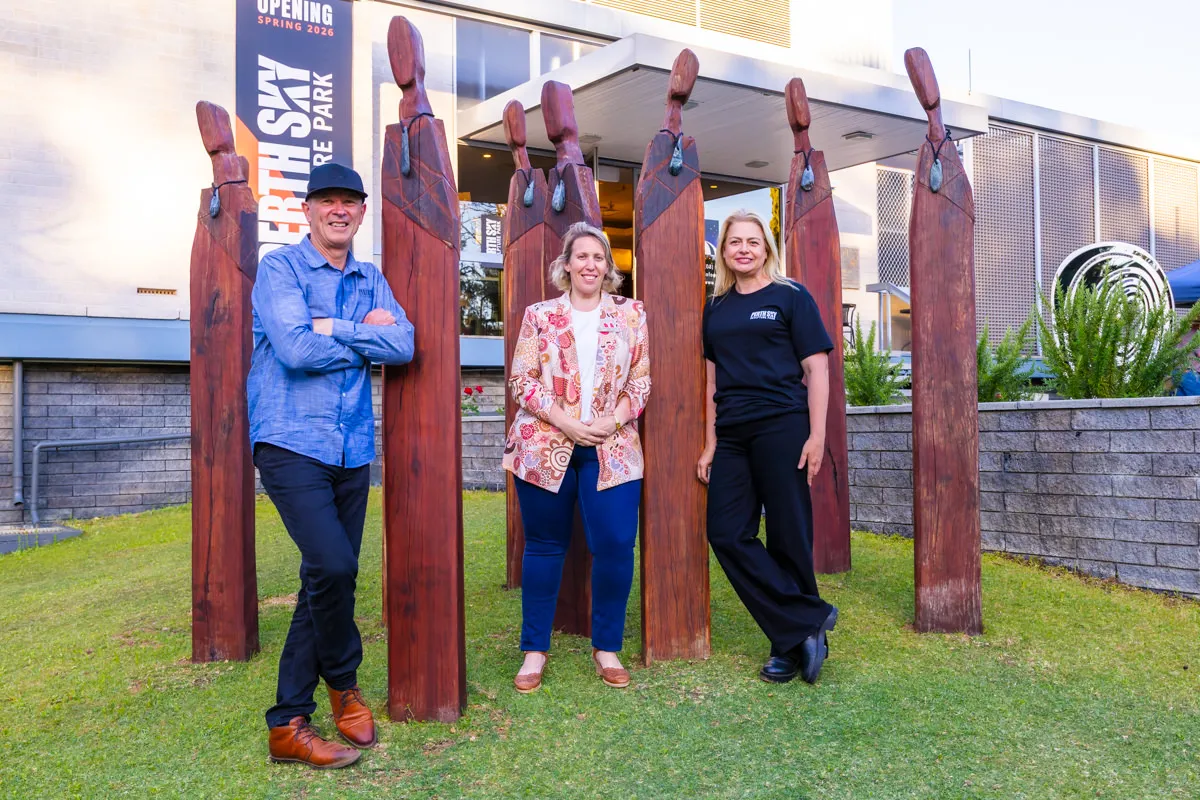 Perth Sky co-founders with Klasey Hirst MLC next to Anton Forde's Mataraki sculpture